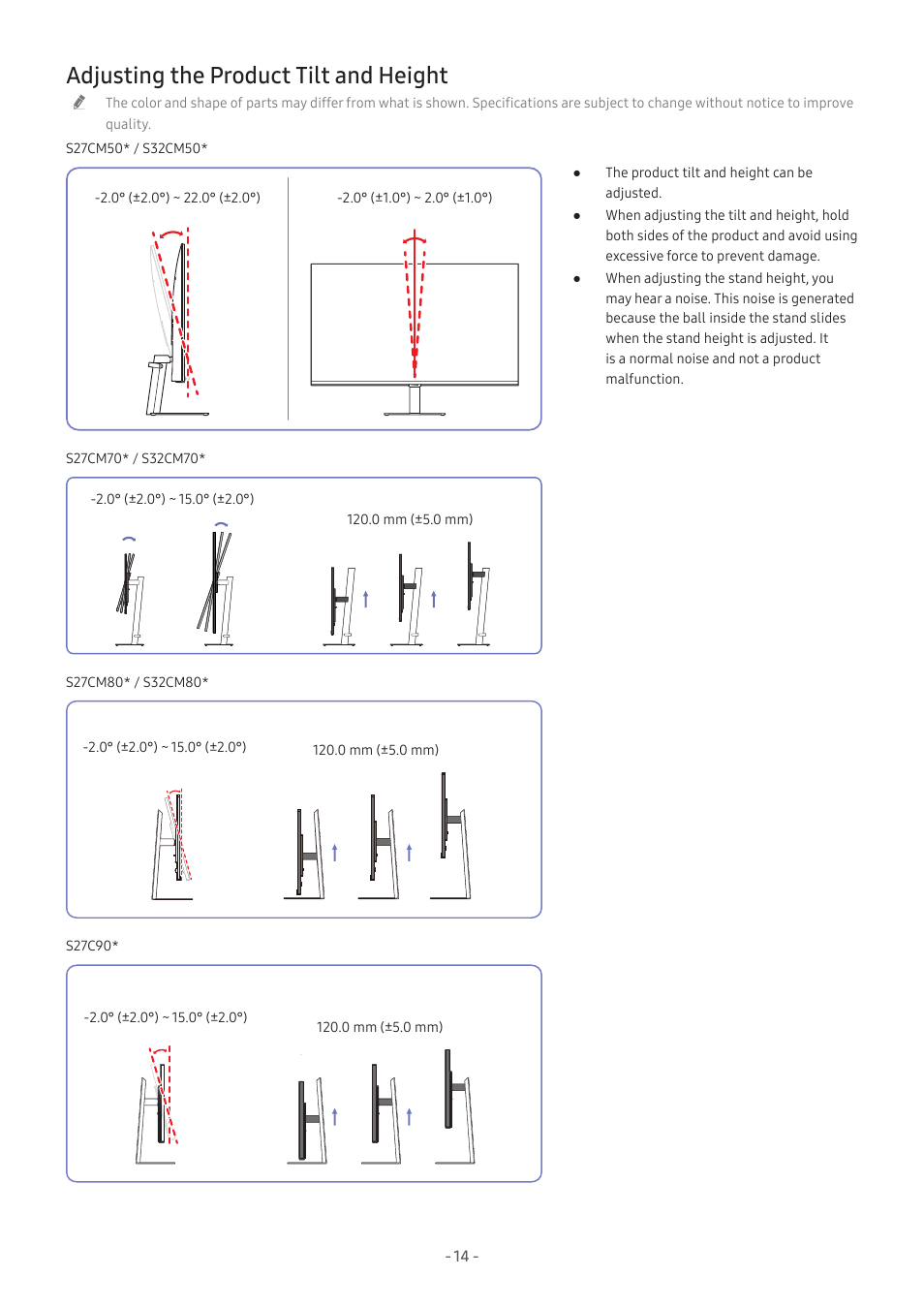 Adjusting the product tilt and height, 14 adjusting the product tilt and height | Samsung M50C 32" HDR Smart Monitor (Black) User Manual | Page 14 / 35