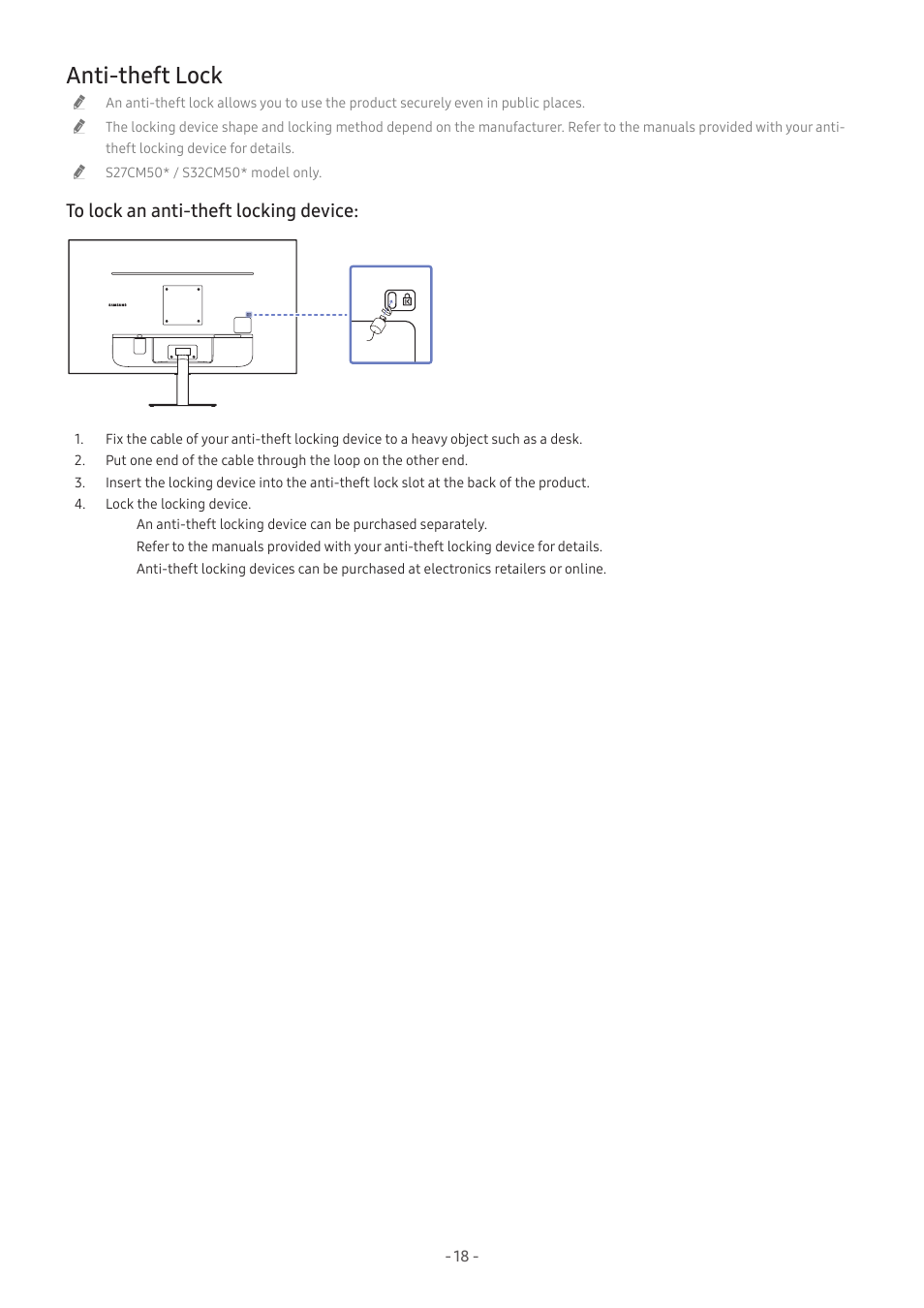 Anti-theft lock, 18 anti-theft lock | Samsung M50C 32" HDR Smart Monitor (Black) User Manual | Page 18 / 35