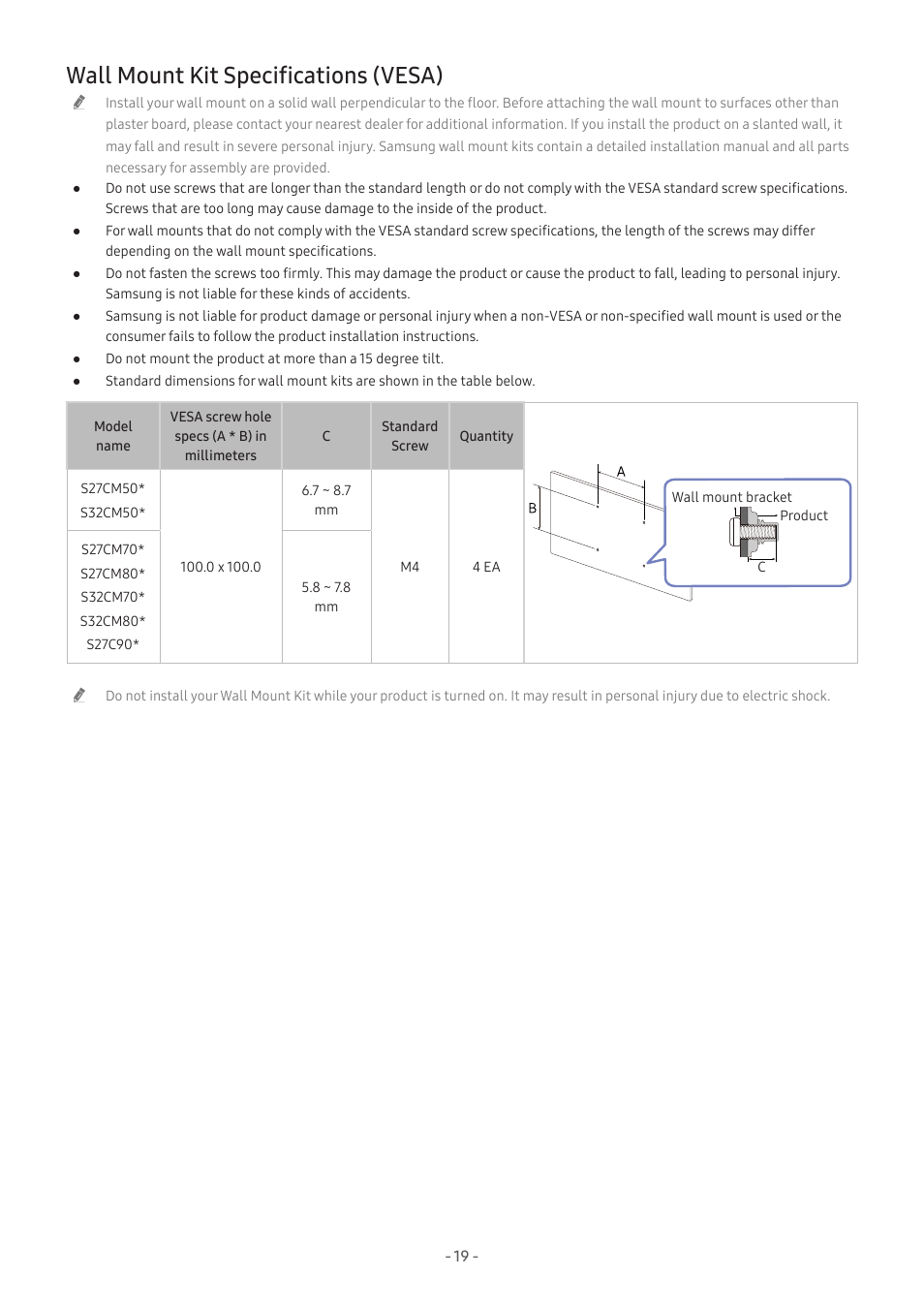 Wall mount kit specifications (vesa), 19 wall mount kit specifications (vesa) | Samsung M50C 32" HDR Smart Monitor (Black) User Manual | Page 19 / 35