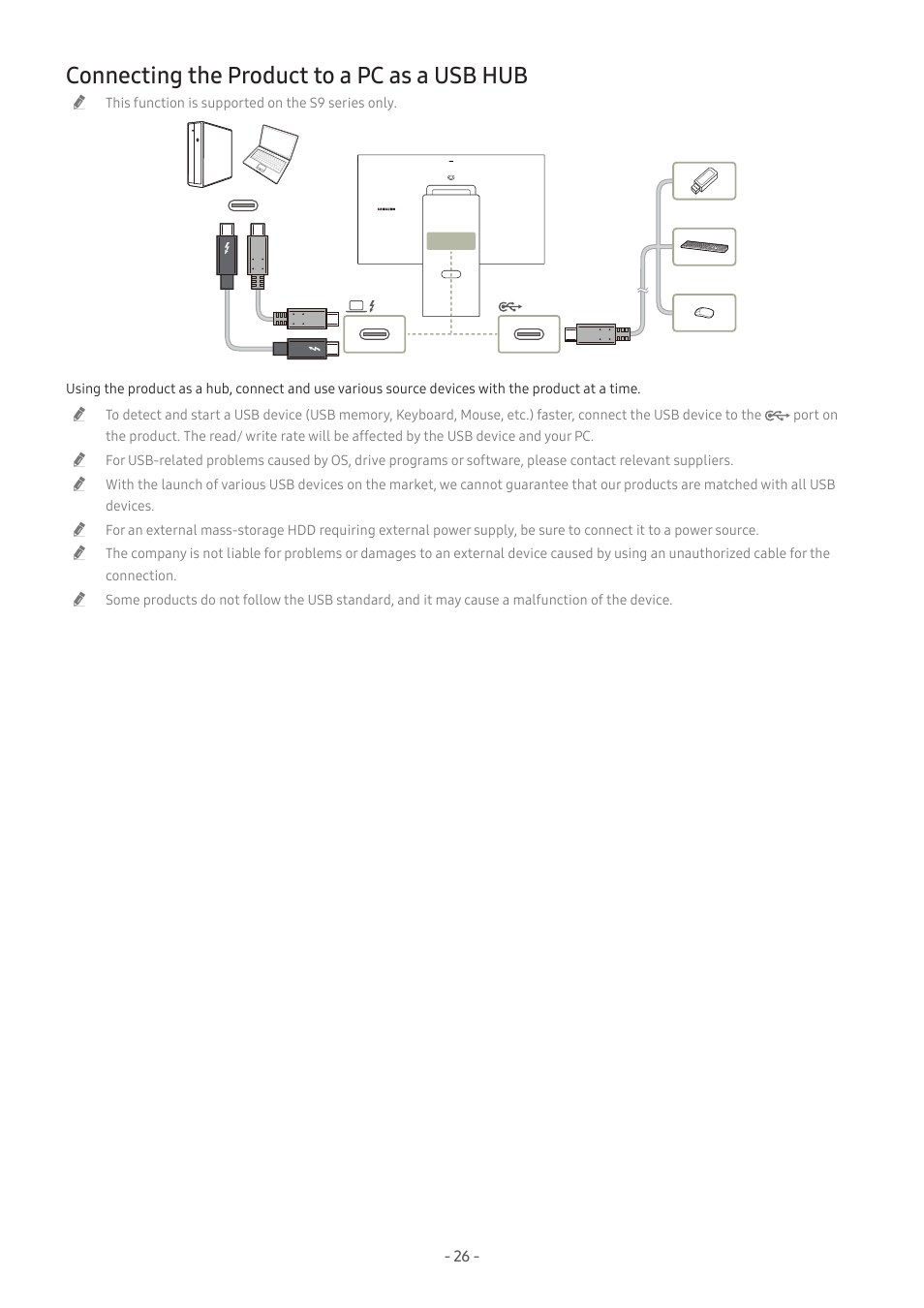 Connecting the product to a pc as a usb hub, 26 connecting the product to a pc as a usb hub | Samsung M50C 32" HDR Smart Monitor (Black) User Manual | Page 26 / 35