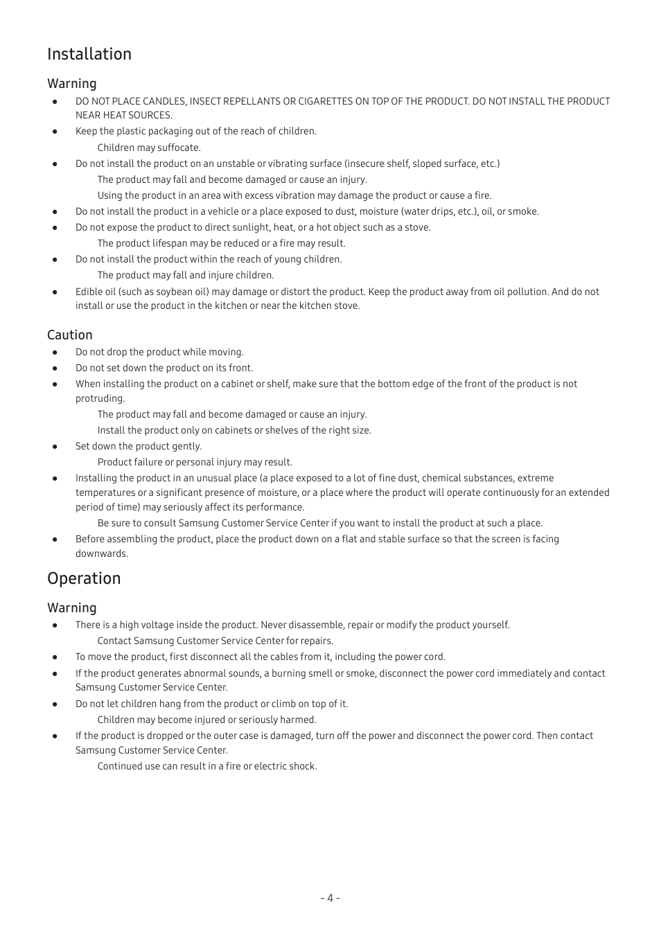 Installation, Operation, 4 installation 4 operation | Warning, Caution | Samsung M50C 32" HDR Smart Monitor (Black) User Manual | Page 4 / 35