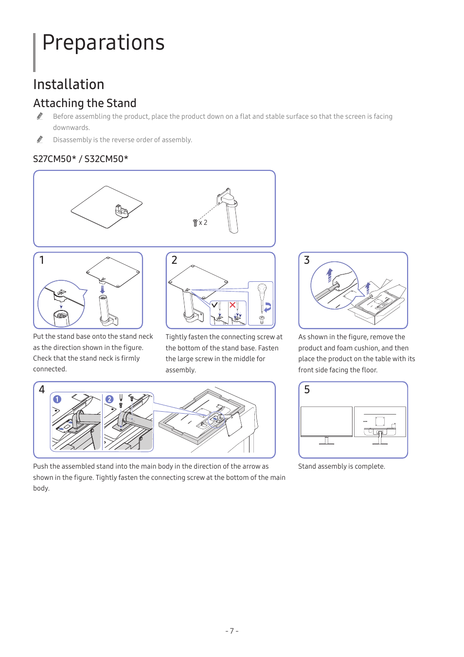 Preparations, Installation, Attaching the stand | Samsung M50C 32" HDR Smart Monitor (Black) User Manual | Page 7 / 35