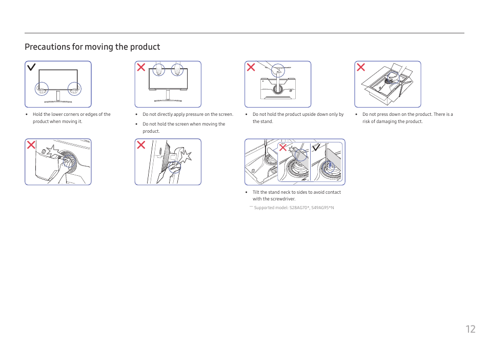 Precautions for moving the product | Samsung G52A 32" 16:9 165 Hz IPS Gaming Monitor User Manual | Page 12 / 57
