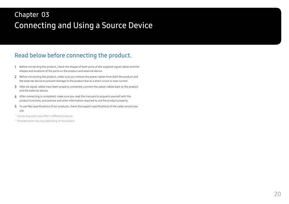 Connecting and using a source device, Read below before connecting the product, Chapter 03 | Samsung G52A 32" 16:9 165 Hz IPS Gaming Monitor User Manual | Page 20 / 57