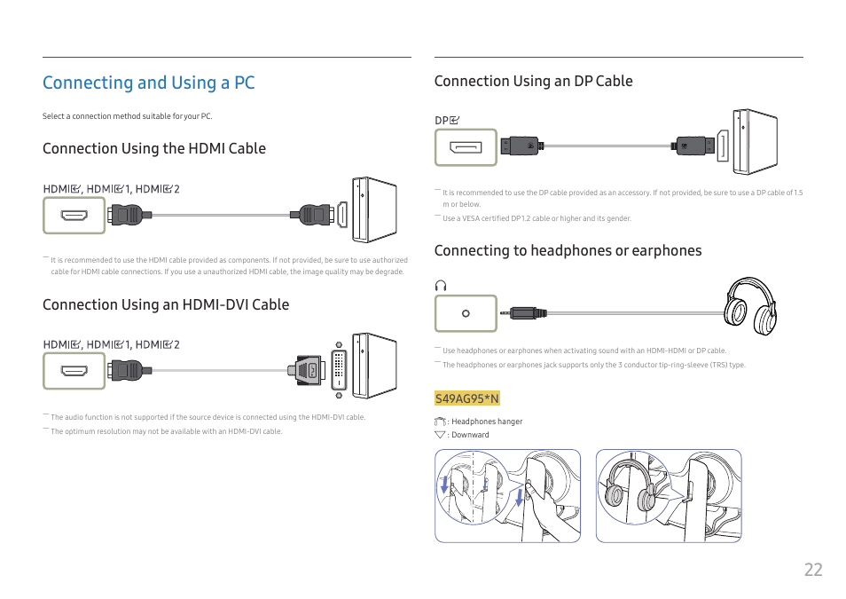 Connecting and using a pc, Connection using the hdmi cable, Connection using an hdmi-dvi cable | Connection using an dp cable, Connecting to headphones or earphones, 22 connecting and using a pc, S49ag95*n | Samsung G52A 32" 16:9 165 Hz IPS Gaming Monitor User Manual | Page 22 / 57