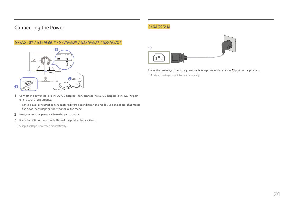 Connecting the power, S49ag95*n | Samsung G52A 32" 16:9 165 Hz IPS Gaming Monitor User Manual | Page 24 / 57