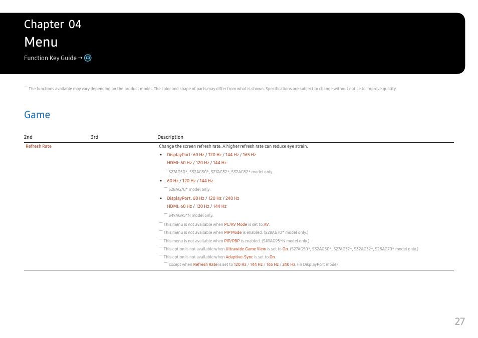 Menu, Game, Game 27 | Chapter 04 | Samsung G52A 32" 16:9 165 Hz IPS Gaming Monitor User Manual | Page 27 / 57