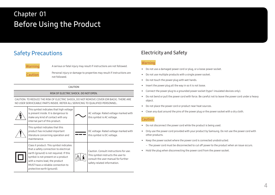 Before using the product, Safety precautions, Electricity and safety | Chapter 01, 4safety precautions | Samsung G52A 32" 16:9 165 Hz IPS Gaming Monitor User Manual | Page 4 / 57