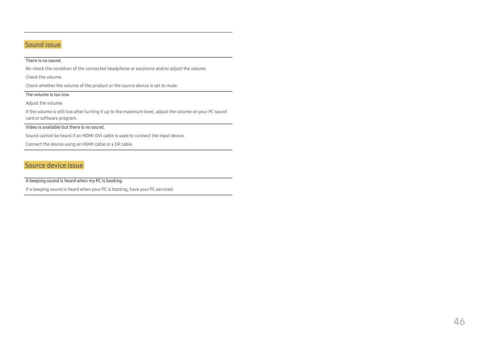 Sound issue, Source device issue | Samsung G52A 32" 16:9 165 Hz IPS Gaming Monitor User Manual | Page 46 / 57