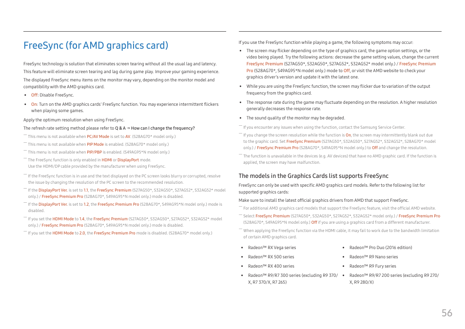 Freesync (for amd graphics card), Ormation, see, 56 freesync (for amd graphics card) | Samsung G52A 32" 16:9 165 Hz IPS Gaming Monitor User Manual | Page 56 / 57
