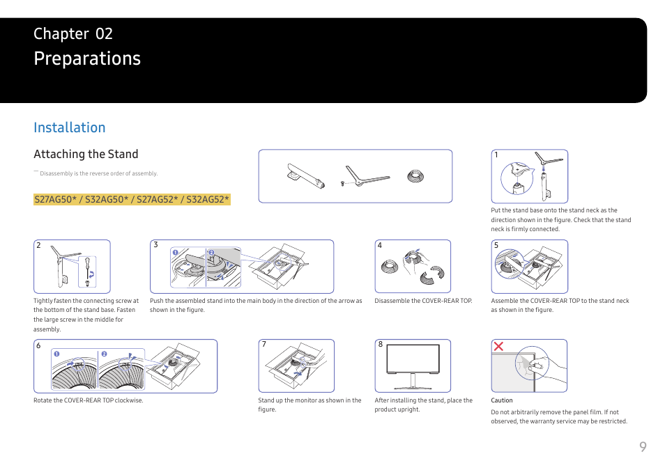 Preparations, Installation, Attaching the stand | Installation 9, Chapter 02 | Samsung G52A 32" 16:9 165 Hz IPS Gaming Monitor User Manual | Page 9 / 57