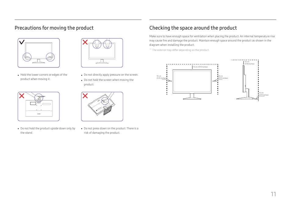 Precautions for moving the product, Checking the space around the product | Samsung S24A336NHN 24" 16:9 LCD Monitor User Manual | Page 11 / 34