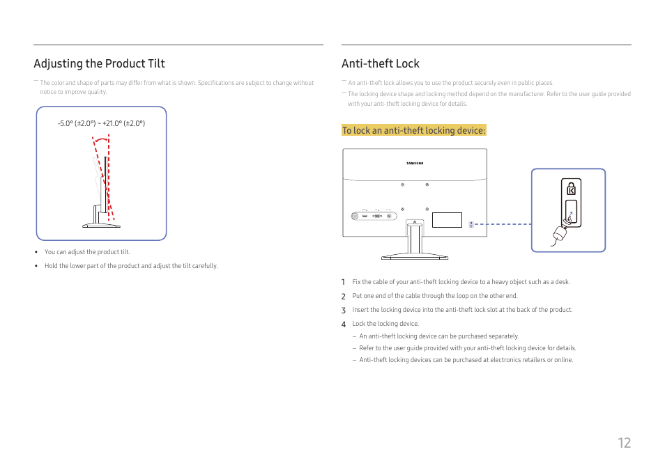 Adjusting the product tilt, Anti-theft lock | Samsung S24A336NHN 24" 16:9 LCD Monitor User Manual | Page 12 / 34