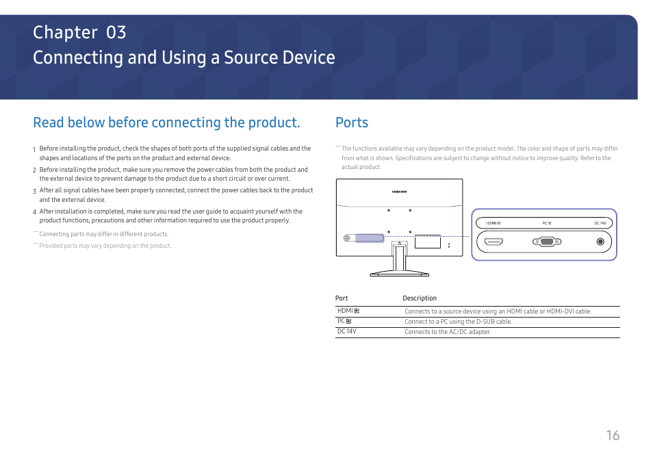 Connecting and using a source device, Read below before connecting the product, Ports | Ports 16, Chapter 03 | Samsung S24A336NHN 24" 16:9 LCD Monitor User Manual | Page 16 / 34