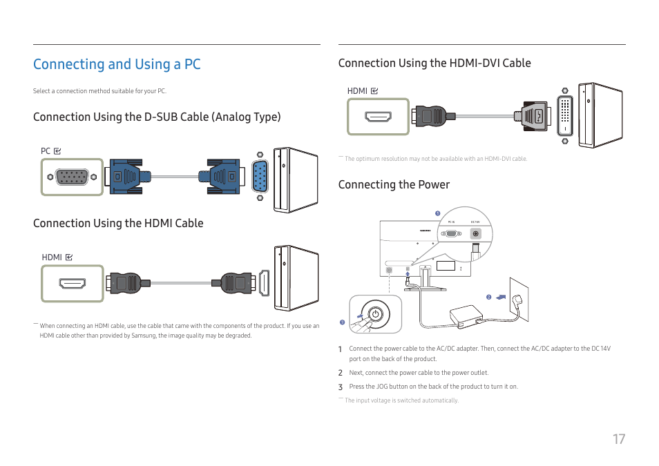 Connecting and using a pc, Connection using the d-sub cable (analog type), Connection using the hdmi cable | Connection using the hdmi-dvi cable, Connecting the power, 17 connecting and using a pc | Samsung S24A336NHN 24" 16:9 LCD Monitor User Manual | Page 17 / 34