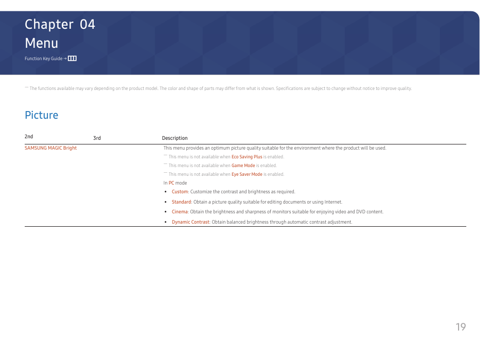 Menu, Picture, Picture 19 | Chapter 04 | Samsung S24A336NHN 24" 16:9 LCD Monitor User Manual | Page 19 / 34