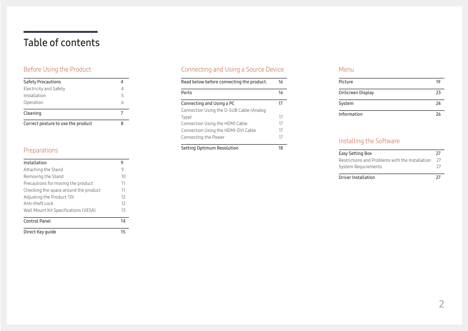 2table of contents, Before using the product, Preparations | Connecting and using a source device, Menu, Installing the software | Samsung S24A336NHN 24" 16:9 LCD Monitor User Manual | Page 2 / 34