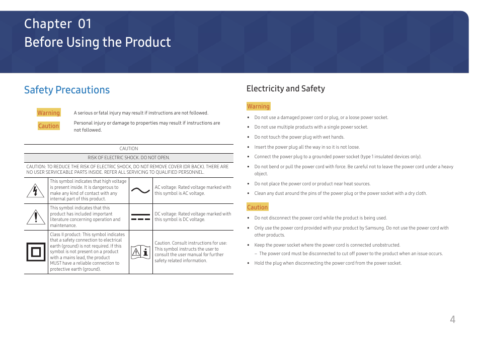 Before using the product, Safety precautions, Electricity and safety | Chapter 01, 4safety precautions | Samsung S24A336NHN 24" 16:9 LCD Monitor User Manual | Page 4 / 34
