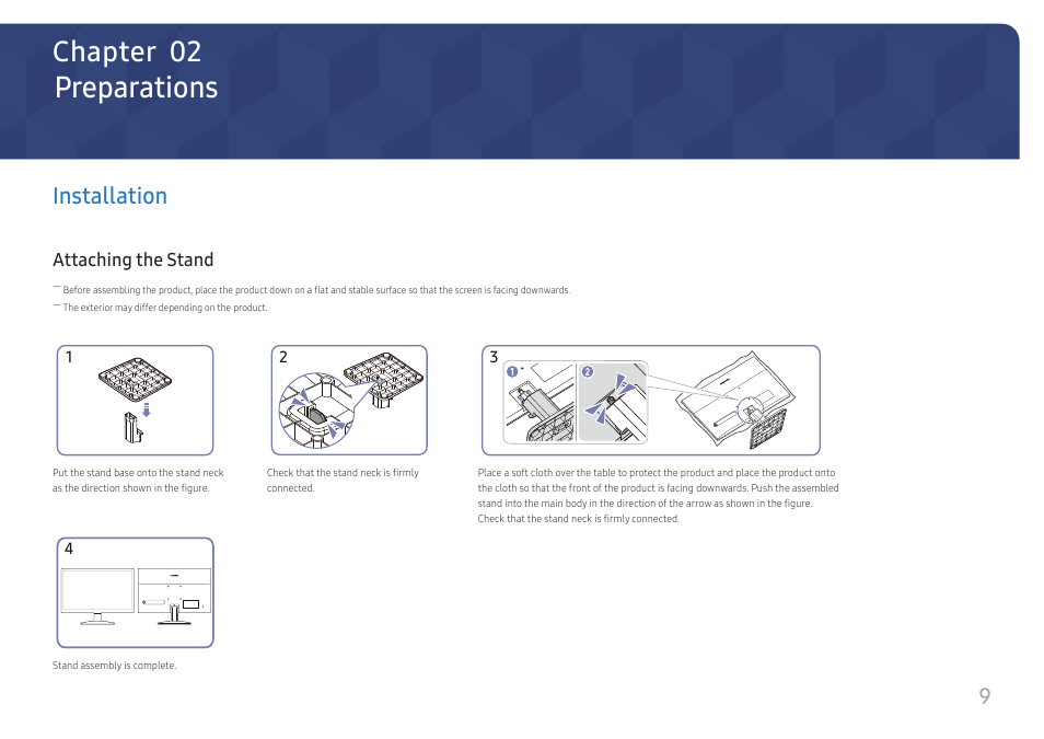 Preparations, Installation, Attaching the stand | Installation 9, Chapter 02, 9installation | Samsung S24A336NHN 24" 16:9 LCD Monitor User Manual | Page 9 / 34