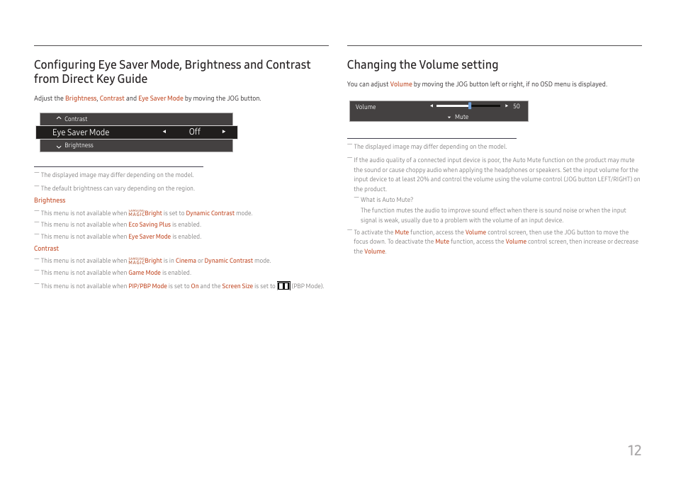 Changing the volume setting, Configuring eye saver mode, brightness and, Contrast from direct key guide | Eye saver mode | Samsung ViewFinity UR50 28" 16:9 4K HDR FreeSync IPS Monitor User Manual | Page 12 / 46