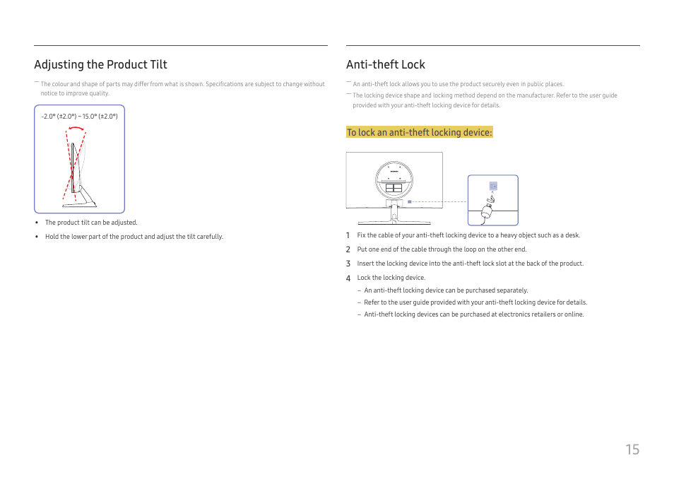 Adjusting the product tilt, Anti-theft lock | Samsung ViewFinity UR50 28" 16:9 4K HDR FreeSync IPS Monitor User Manual | Page 15 / 46