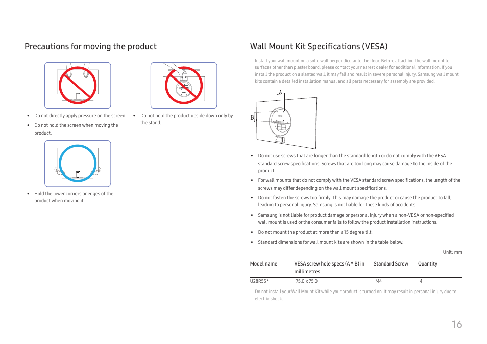 Precautions for moving the product, Wall mount kit specifications (vesa) | Samsung ViewFinity UR50 28" 16:9 4K HDR FreeSync IPS Monitor User Manual | Page 16 / 46