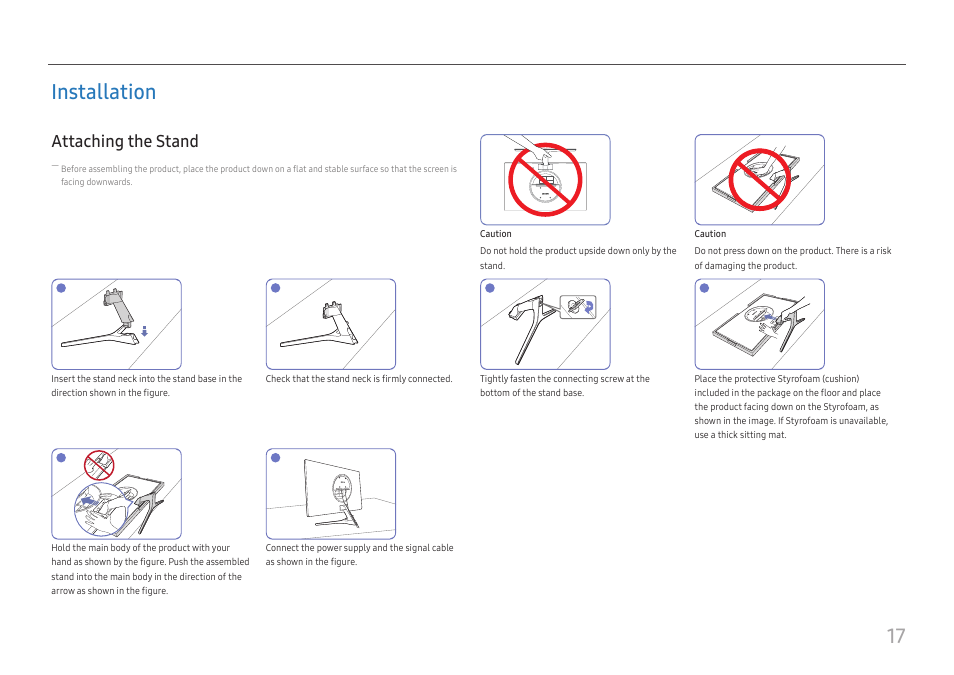 Installation, Attaching the stand, Installation 17 | 17 installation | Samsung ViewFinity UR50 28" 16:9 4K HDR FreeSync IPS Monitor User Manual | Page 17 / 46