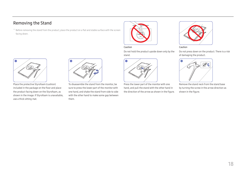 Removing the stand | Samsung ViewFinity UR50 28" 16:9 4K HDR FreeSync IPS Monitor User Manual | Page 18 / 46