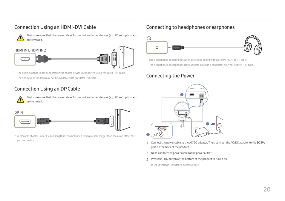 Connection using an hdmi-dvi cable, Connection using an dp cable, Connecting to headphones or earphones | Connecting the power, Hdmi in 1, hdmi in 2, Dp in | Samsung ViewFinity UR50 28" 16:9 4K HDR FreeSync IPS Monitor User Manual | Page 20 / 46