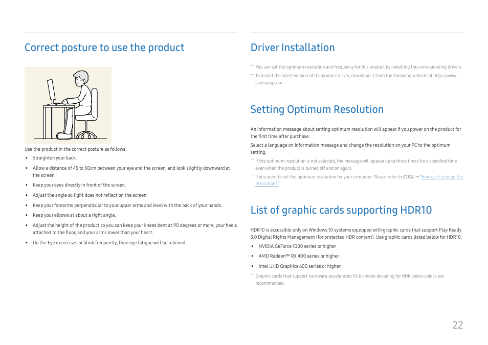 Correct posture to use the product, Driver installation, Setting optimum resolution | List of graphic cards supporting hdr10, 22 correct posture to use the product | Samsung ViewFinity UR50 28" 16:9 4K HDR FreeSync IPS Monitor User Manual | Page 22 / 46