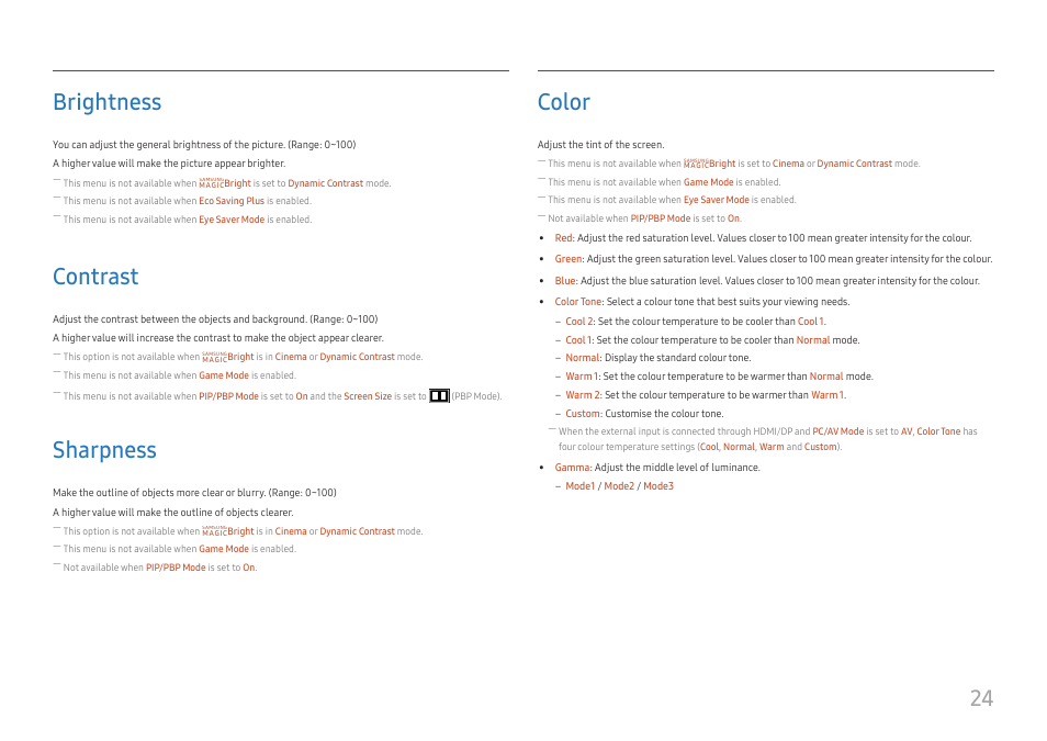 Brightness, Contrast, Sharpness | Color, Brightness 24, Contrast 24, Sharpness 24, Color 24, 24 brightness | Samsung ViewFinity UR50 28" 16:9 4K HDR FreeSync IPS Monitor User Manual | Page 24 / 46