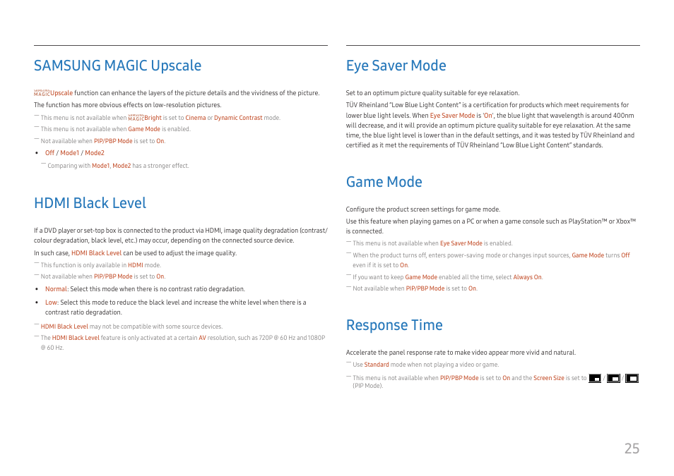 Samsung magic upscale, Hdmi black level, Eye saver mode | Game mode, Response time, Hdmi black level 25, Eye saver mode 25, Game mode 25, Response time 25, 25 samsung magic upscale | Samsung ViewFinity UR50 28" 16:9 4K HDR FreeSync IPS Monitor User Manual | Page 25 / 46