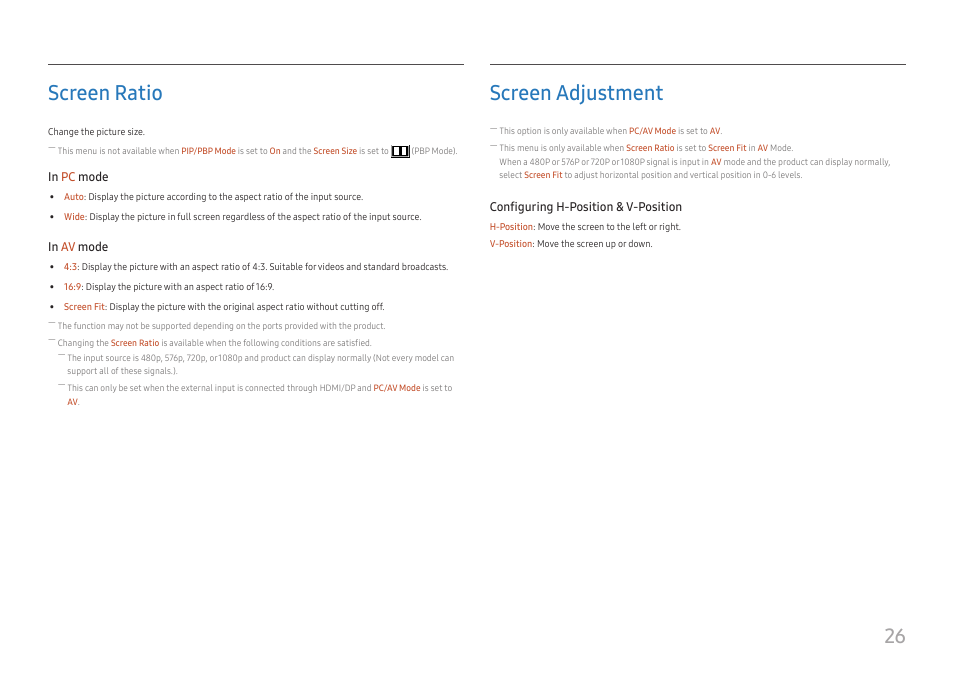 Screen ratio, Screen adjustment, Screen ratio 26 | Screen adjustment 26, 26 screen ratio | Samsung ViewFinity UR50 28" 16:9 4K HDR FreeSync IPS Monitor User Manual | Page 26 / 46