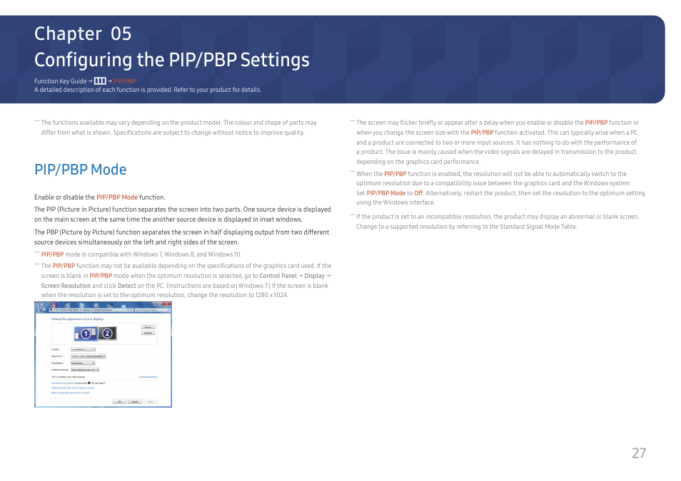 Configuring the pip/pbp settings, Pip/pbp mode, Pip/pbp mode 27 | Chapter 05 | Samsung ViewFinity UR50 28" 16:9 4K HDR FreeSync IPS Monitor User Manual | Page 27 / 46