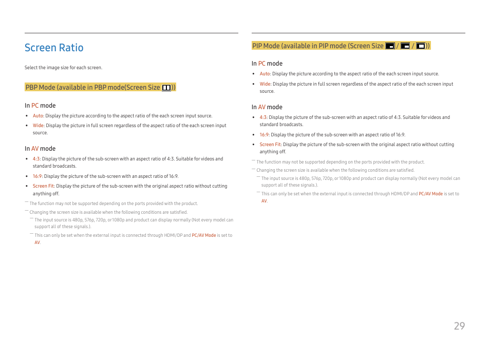 Screen ratio, Screen ratio 29, 29 screen ratio | Pbp mode (available in pbp mode(screen size )) | Samsung ViewFinity UR50 28" 16:9 4K HDR FreeSync IPS Monitor User Manual | Page 29 / 46