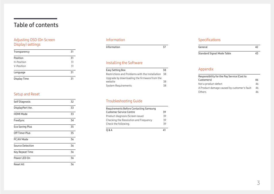 Table of contents 3, Specifications, Appendix | Information, Installing the software, Troubleshooting guide, Adjusting osd (on screen display) settings, Setup and reset | Samsung ViewFinity UR50 28" 16:9 4K HDR FreeSync IPS Monitor User Manual | Page 3 / 46