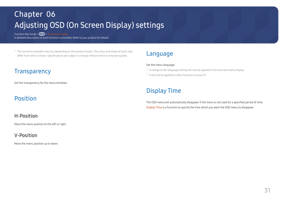 Adjusting osd (on screen display) settings, Transparency, Position | H-position, V-position, Language, Display time, Adjusting osd (on screen, Display) settings, Transparency 31 | Samsung ViewFinity UR50 28" 16:9 4K HDR FreeSync IPS Monitor User Manual | Page 31 / 46