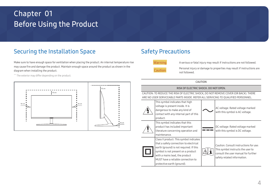Before using the product, Securing the installation space, Safety precautions | Chapter 01, 4securing the installation space | Samsung ViewFinity UR50 28" 16:9 4K HDR FreeSync IPS Monitor User Manual | Page 4 / 46
