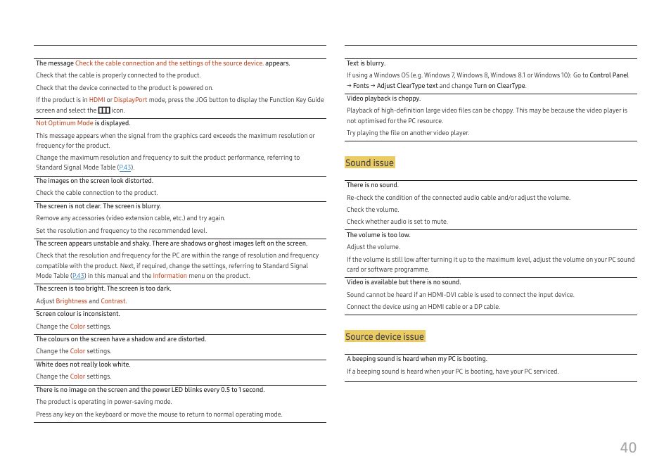 Sound issue, Source device issue | Samsung ViewFinity UR50 28" 16:9 4K HDR FreeSync IPS Monitor User Manual | Page 40 / 46