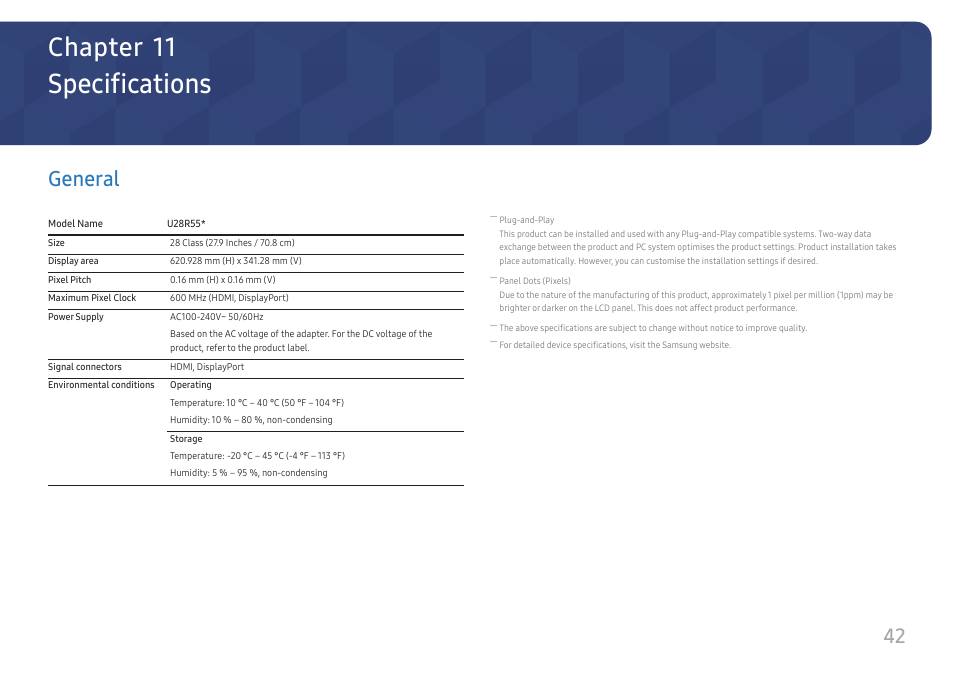 Specifications, General, General 42 | Chapter 11 | Samsung ViewFinity UR50 28" 16:9 4K HDR FreeSync IPS Monitor User Manual | Page 42 / 46