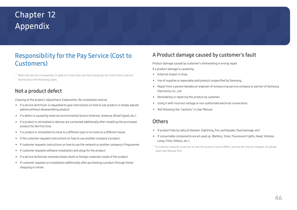 Appendix, Not a product defect, A product damage caused by customer's fault | Others, Responsibility for the pay service (cost to, Customers) 46, Chapter 12 | Samsung ViewFinity UR50 28