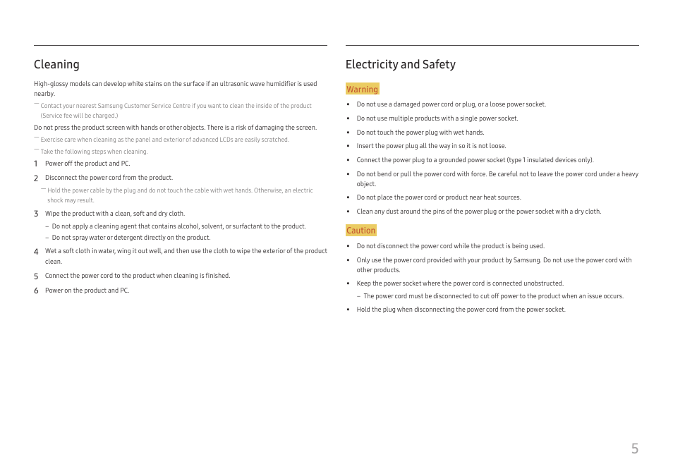 Cleaning, Electricity and safety, Cleaning 5 electricity and safety | Samsung ViewFinity UR50 28" 16:9 4K HDR FreeSync IPS Monitor User Manual | Page 5 / 46