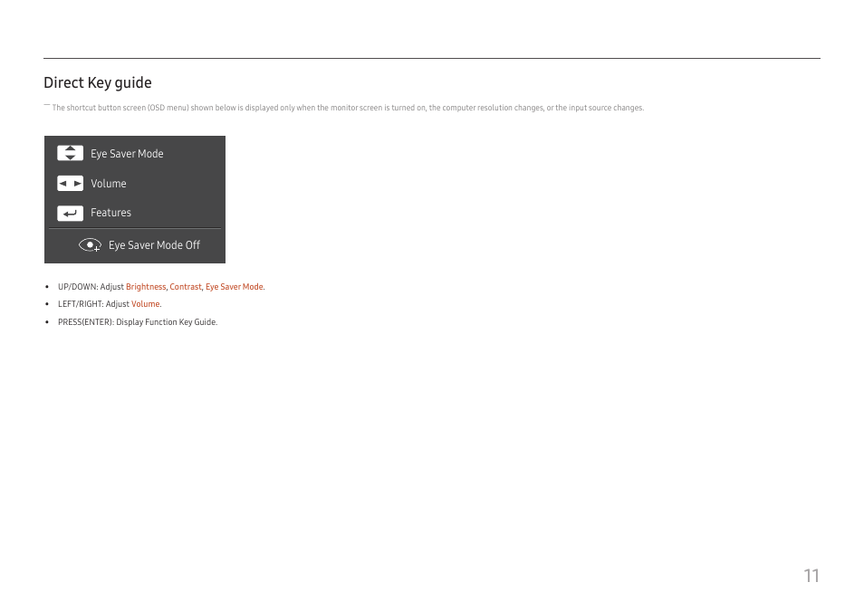 Direct key guide | Samsung U32J590 31.5" 16:9 4K UHD LCD Monitor User Manual | Page 11 / 48