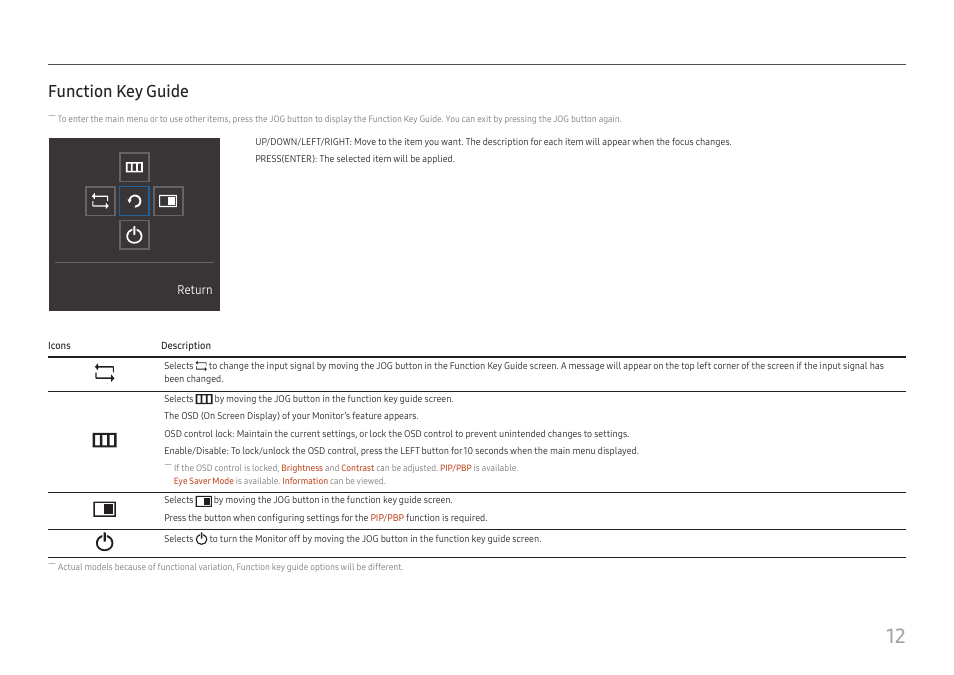 Function key guide | Samsung U32J590 31.5" 16:9 4K UHD LCD Monitor User Manual | Page 12 / 48