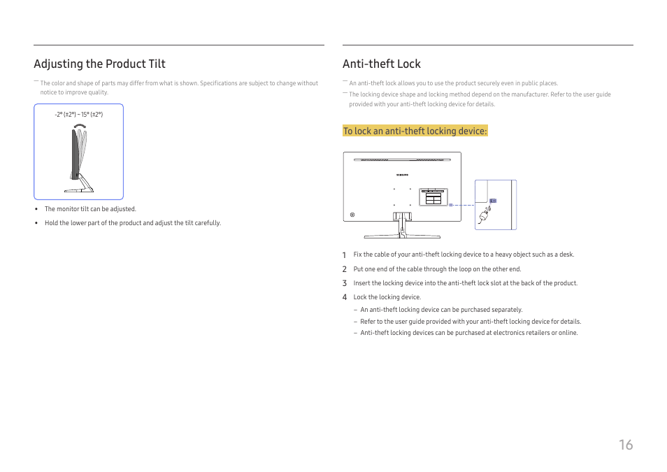 Adjusting the product tilt, Anti-theft lock | Samsung U32J590 31.5" 16:9 4K UHD LCD Monitor User Manual | Page 16 / 48