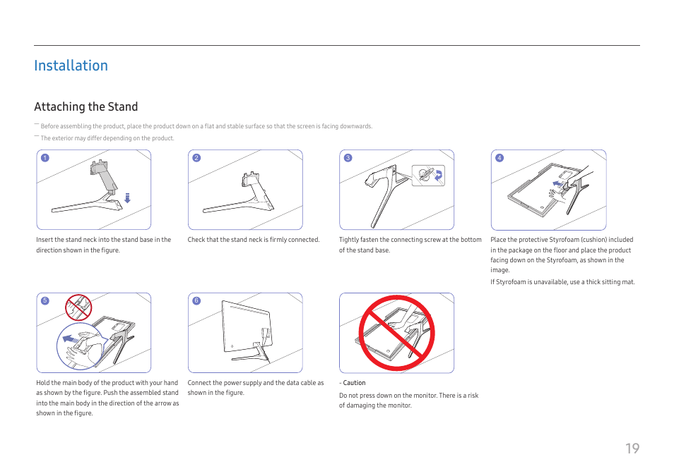 Installation, Attaching the stand, Installation 19 | 19 installation | Samsung U32J590 31.5" 16:9 4K UHD LCD Monitor User Manual | Page 19 / 48