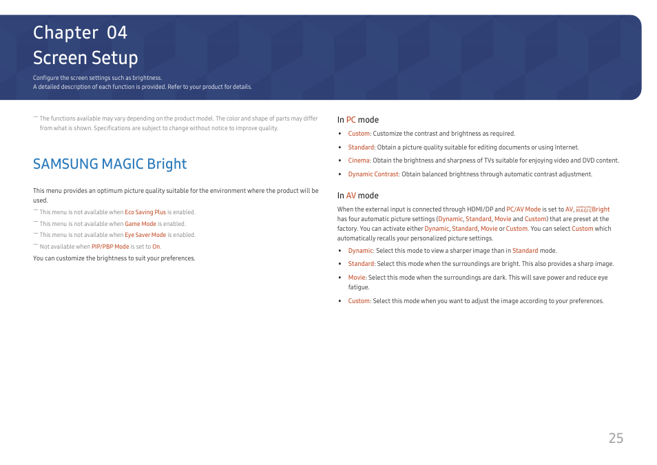 Screen setup, Samsung magic bright, Chapter 04 | Samsung U32J590 31.5" 16:9 4K UHD LCD Monitor User Manual | Page 25 / 48