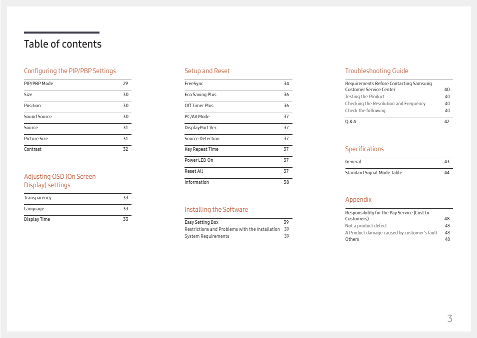 3table of contents, Configuring the pip/pbp settings, Adjusting osd (on screen display) settings | Setup and reset, Installing the software, Troubleshooting guide, Specifications, Appendix | Samsung U32J590 31.5" 16:9 4K UHD LCD Monitor User Manual | Page 3 / 48