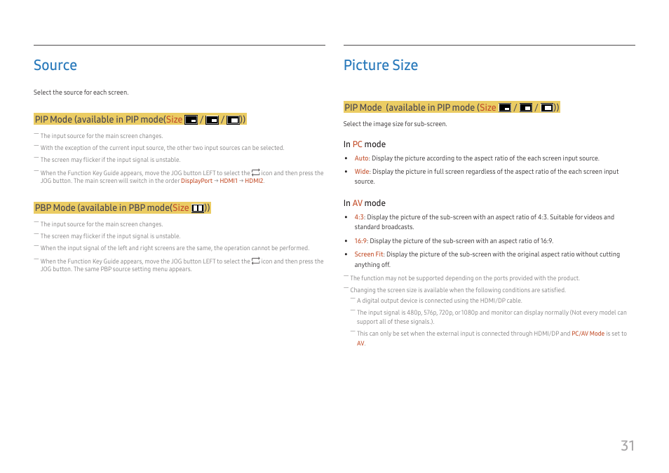 Source, Picture size, Source 31 | Picture size 31, 31 source, Pip mode (available in pip mode( size / / )), Pbp mode (available in pbp mode( size )), Pip mode (available in pip mode ( size / / )) | Samsung U32J590 31.5" 16:9 4K UHD LCD Monitor User Manual | Page 31 / 48