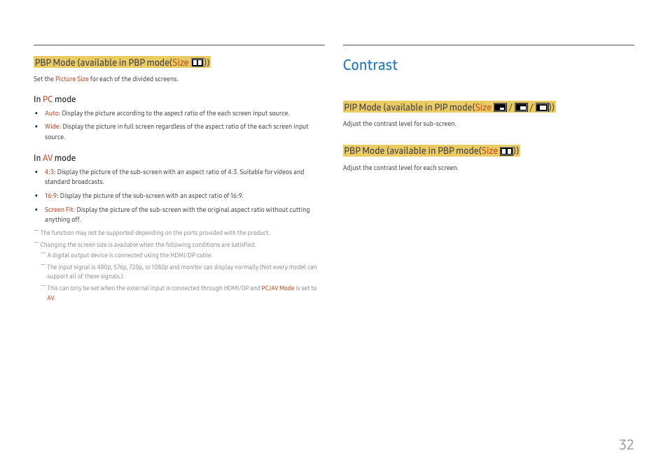 Contrast, Contrast 32, Pbp mode (available in pbp mode( size )) | Pip mode (available in pip mode( size / / )) | Samsung U32J590 31.5" 16:9 4K UHD LCD Monitor User Manual | Page 32 / 48